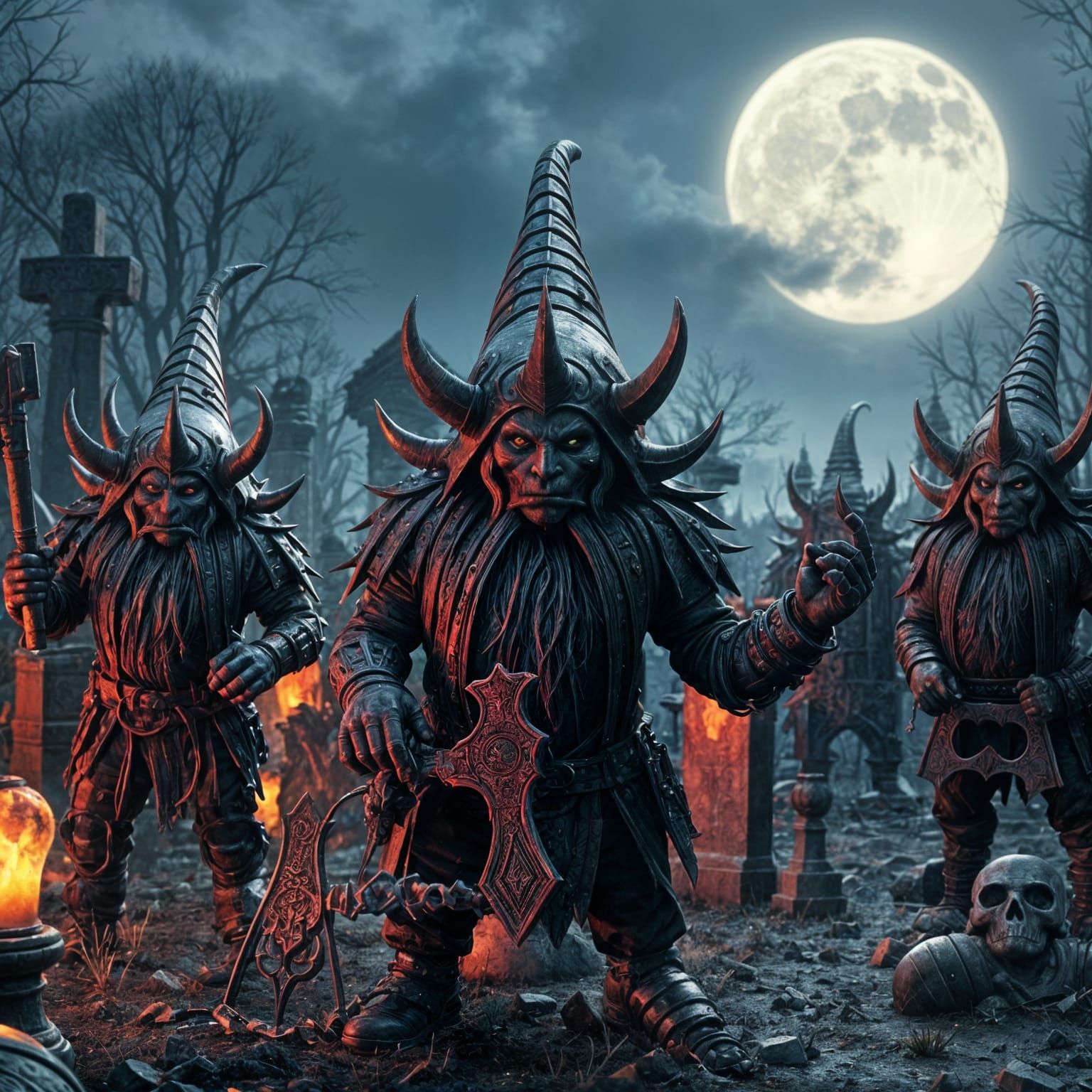 Dark Fantasy Dwarves in Black Rocker Outfits Confront a Haun...