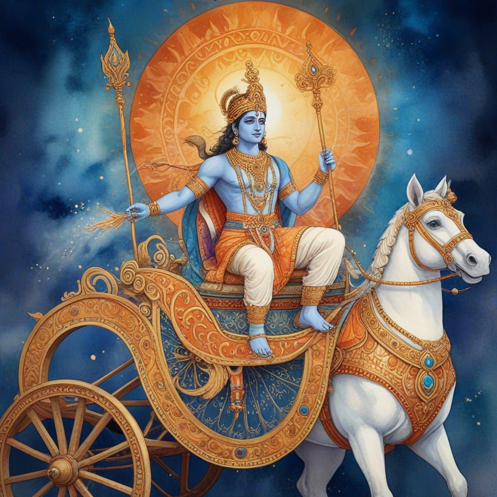 Arjuna and Krishna in Watercolor Style