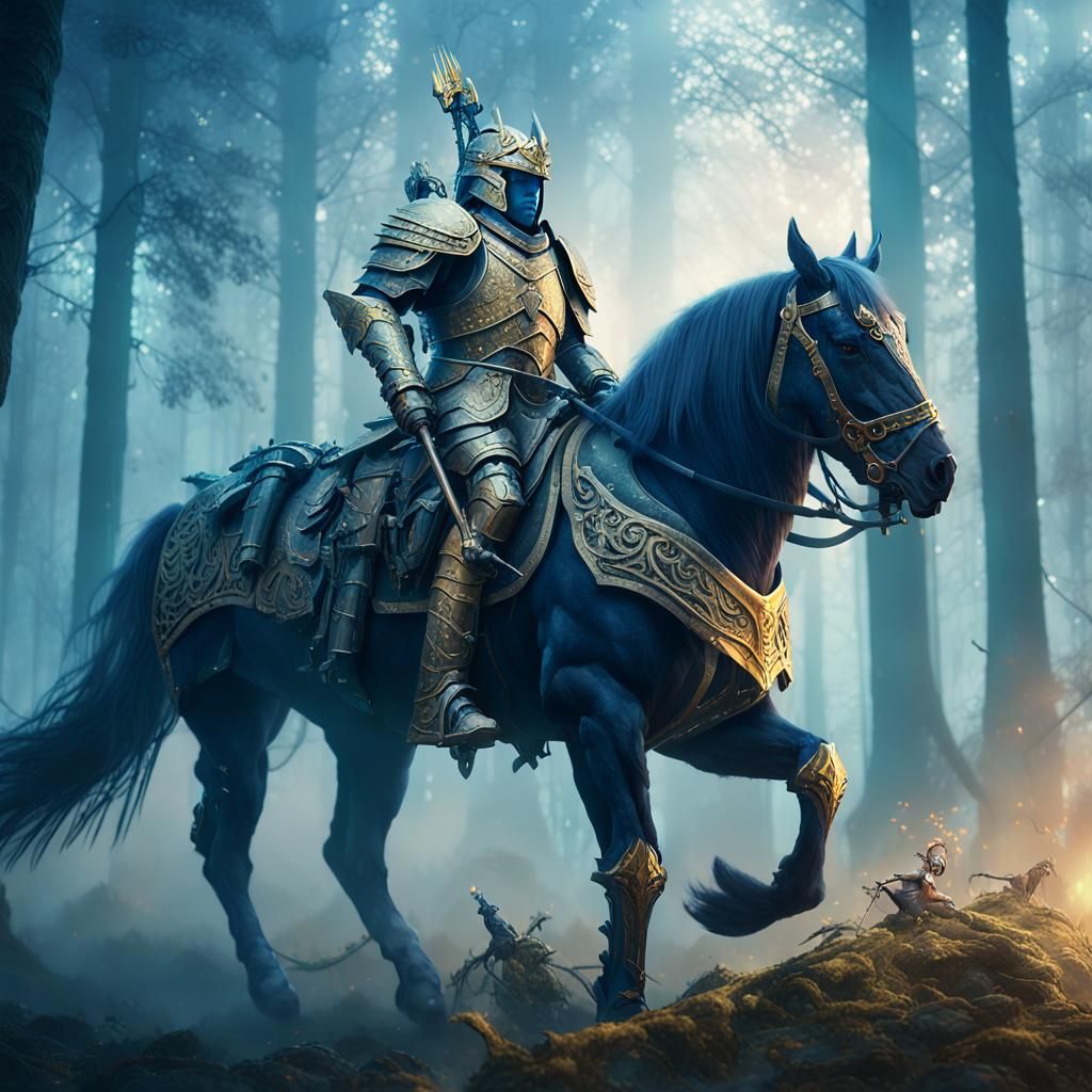 Armored Warrior on Stallion in Misty Forest