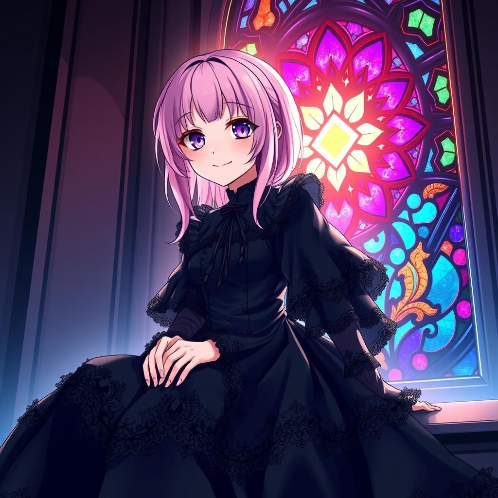 Anime Girl in Gothic Dress by Stained Glass