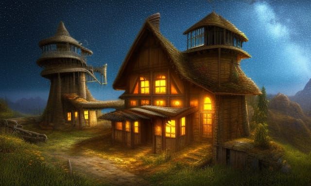 Lonely Hilltop House at Starry Night: 3D Render