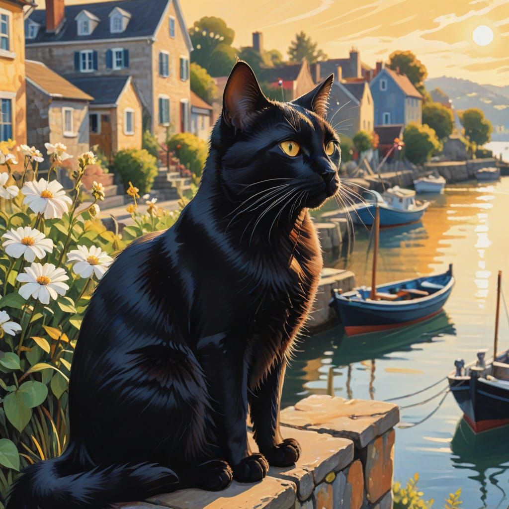 Black Cat Watches Harbor in Gouache Vintage Style