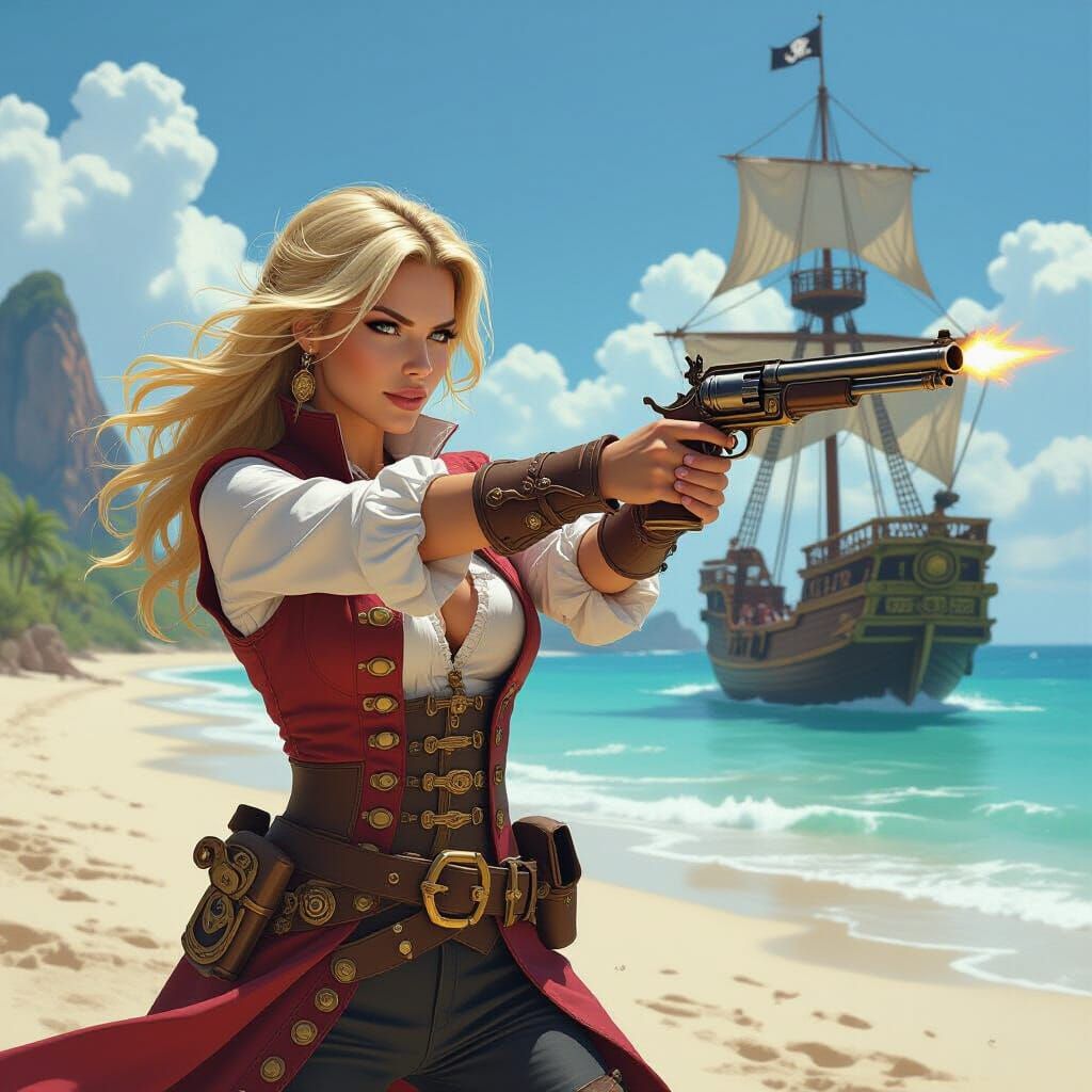 Pirate Woman Fires Flintlock on Caribbean Beach