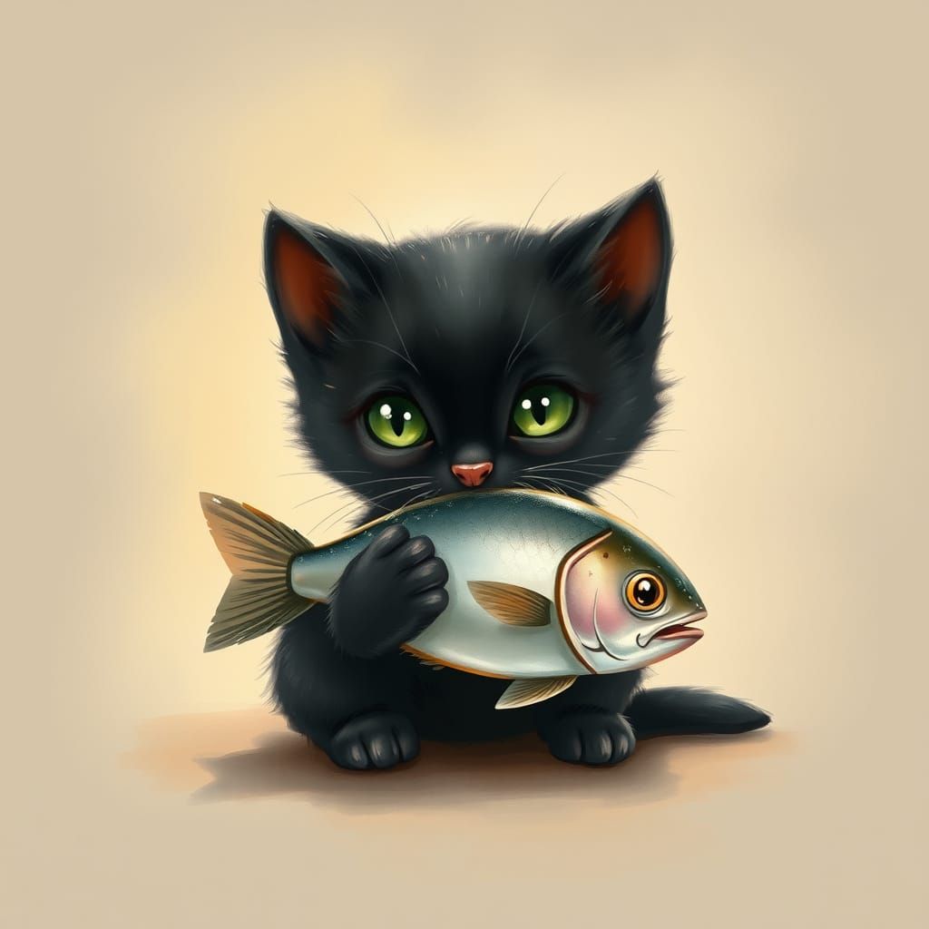 Whimsical Black Kitten Holds Silvery Fish in Watercolor-Insp...