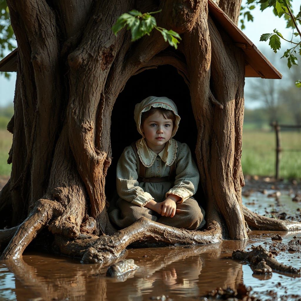 Amish Girl in Vibrant Treehouse Oasis