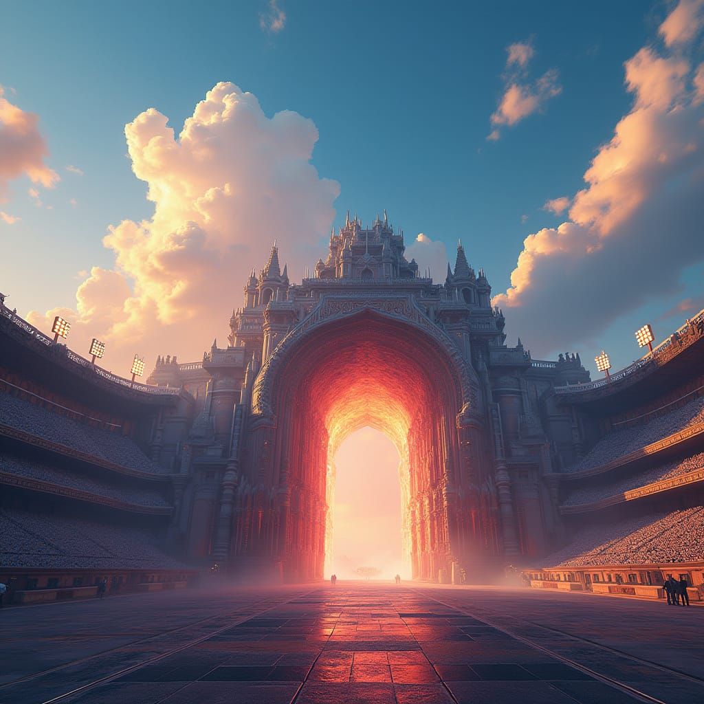 Epic Stadium Entrance in Vibrant Deep Blue and Orange Sky