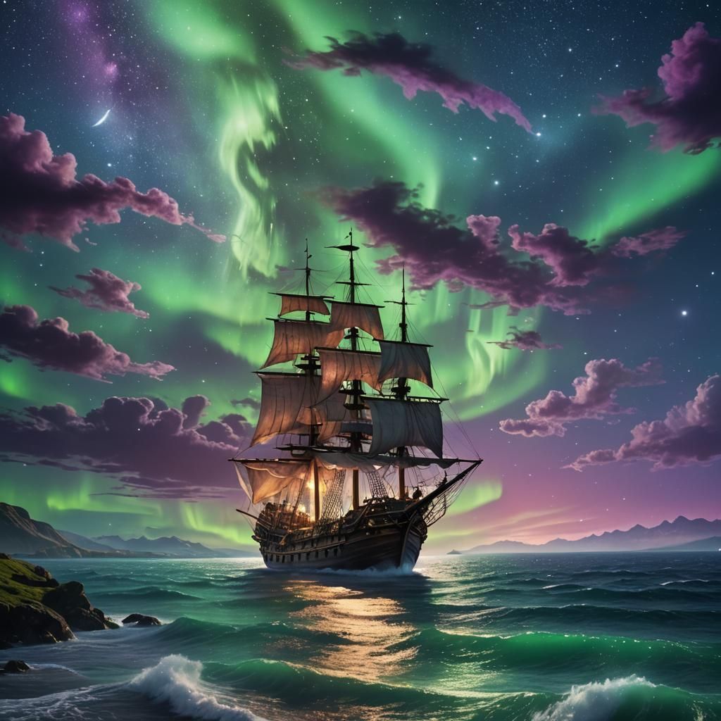 Pirate Ship Sails Under Blue Moon and Aurora