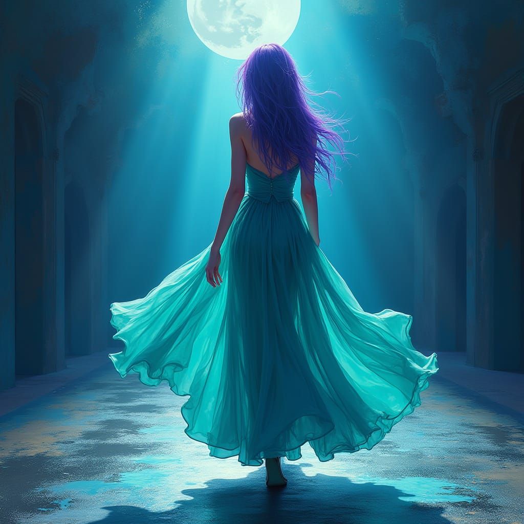 Elegant Woman Struts Down Runway in Vibrant Blue-Green Dress