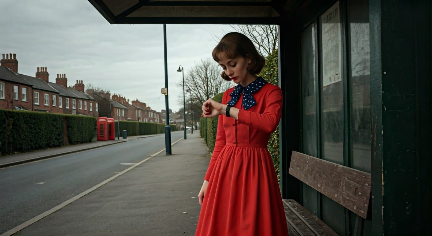 Woman at Bus Stop in 1960s British Film Style