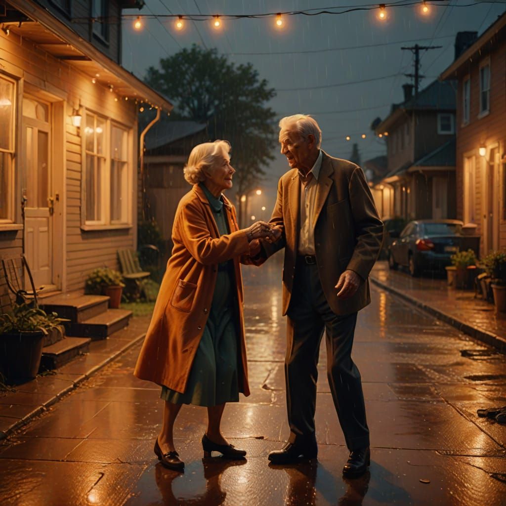 Elderly Couple Dancing in Rainy Urban Landscape