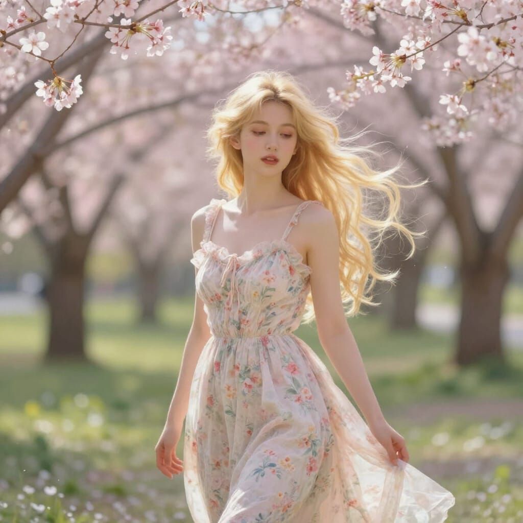 Ethereal Blonde Girl in Sun-Dappled Park