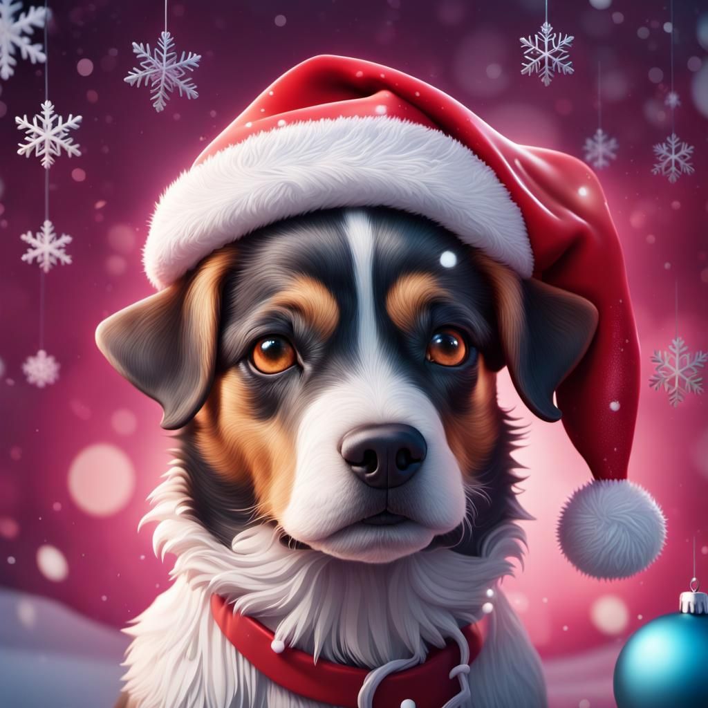 Dog in Santa Hat with Christmas Decorations