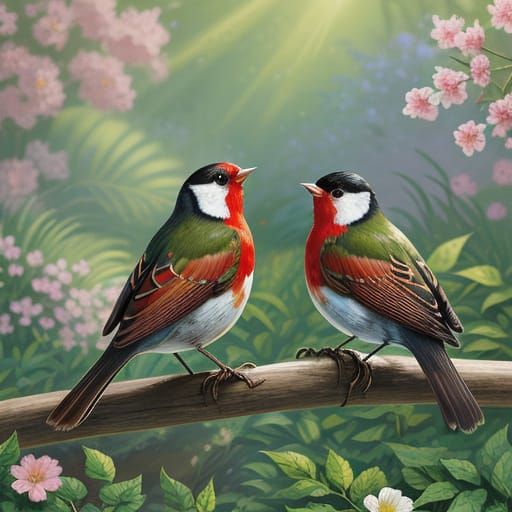 Vibrant Robins Perched on Garden Fence in Detailed Digital A...