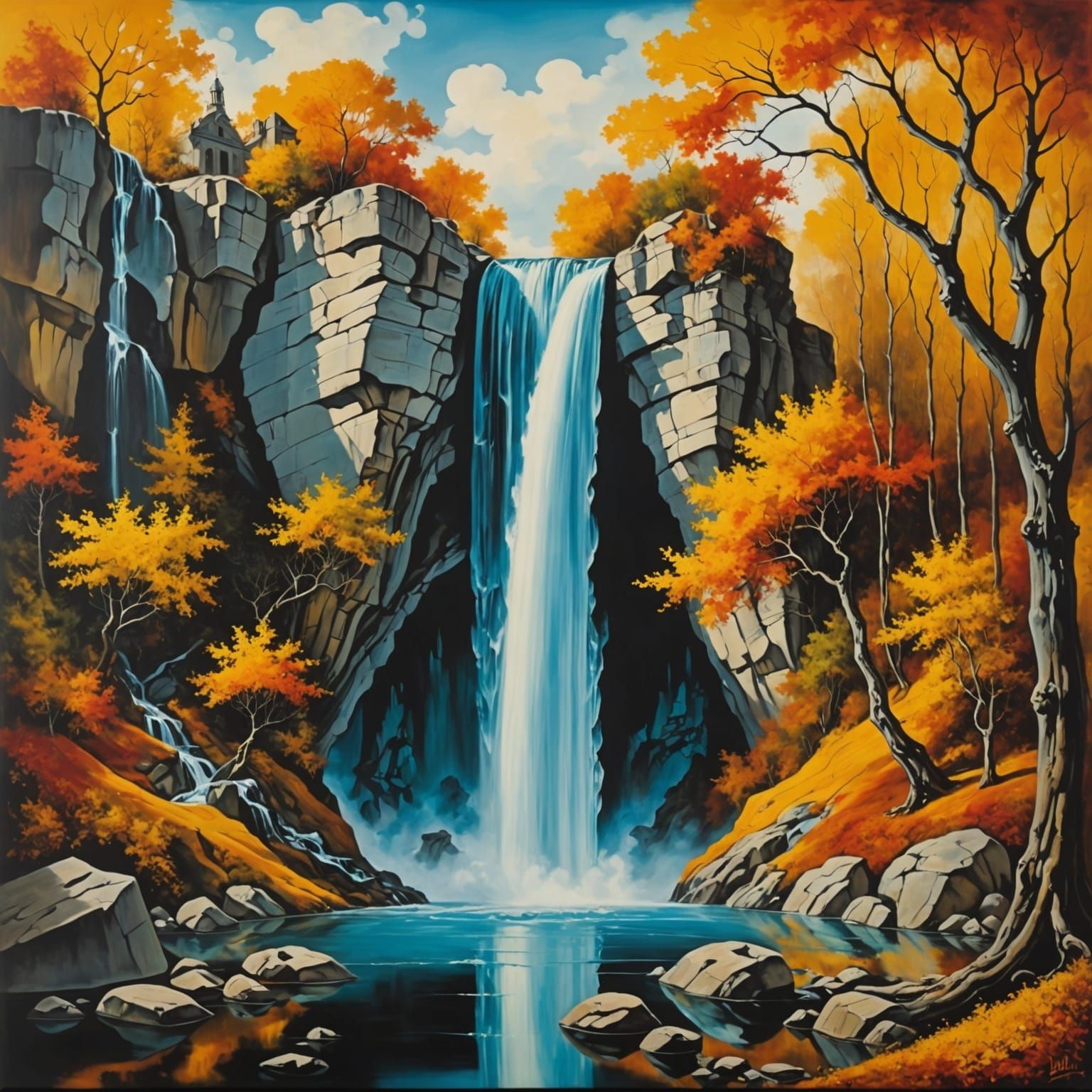 Surreal Autumn Waterfall in Melting Oil Style