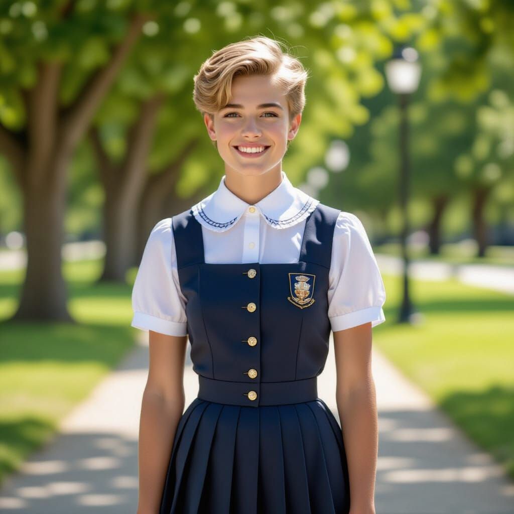 Young Man Crossdressing in School Uniform