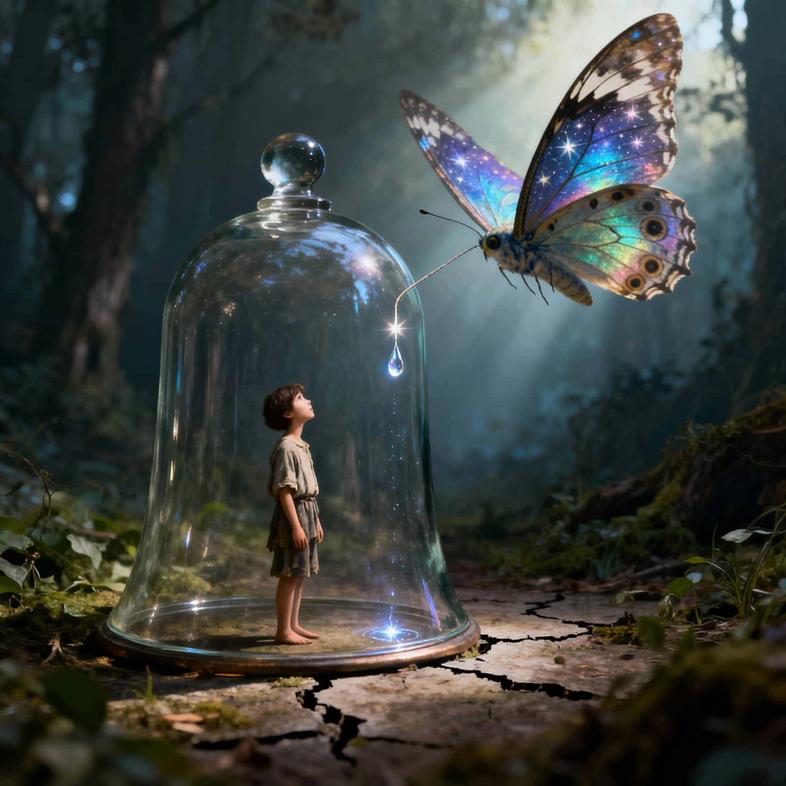 Surreal Bell Jar Encloses Figure with Giant Butterfly