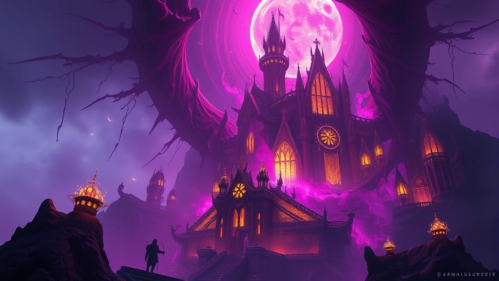 Dark Fantasy Landscape in Purple and Yellow