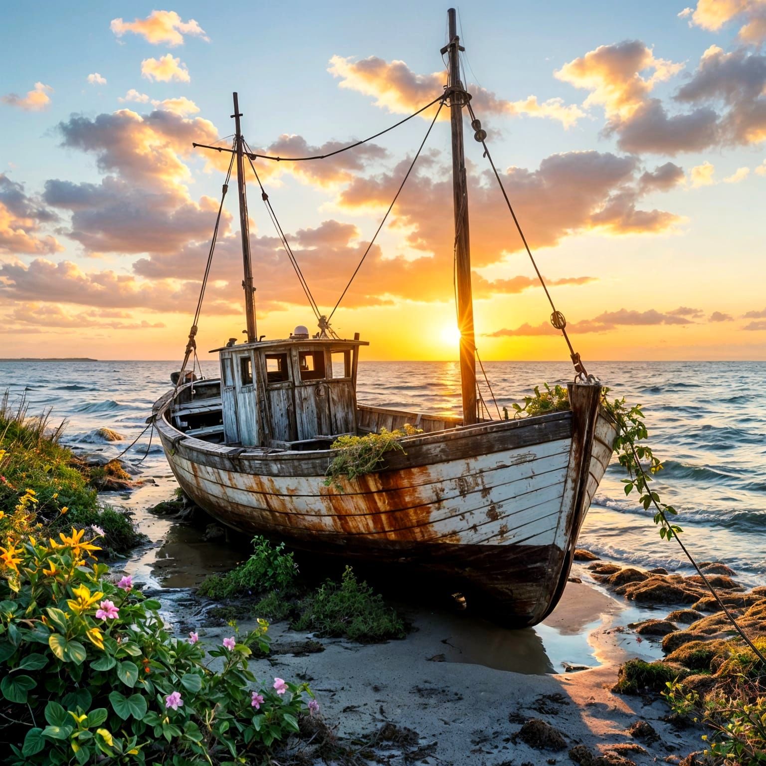Crooked Sailboat Stranded on Mossy Shore