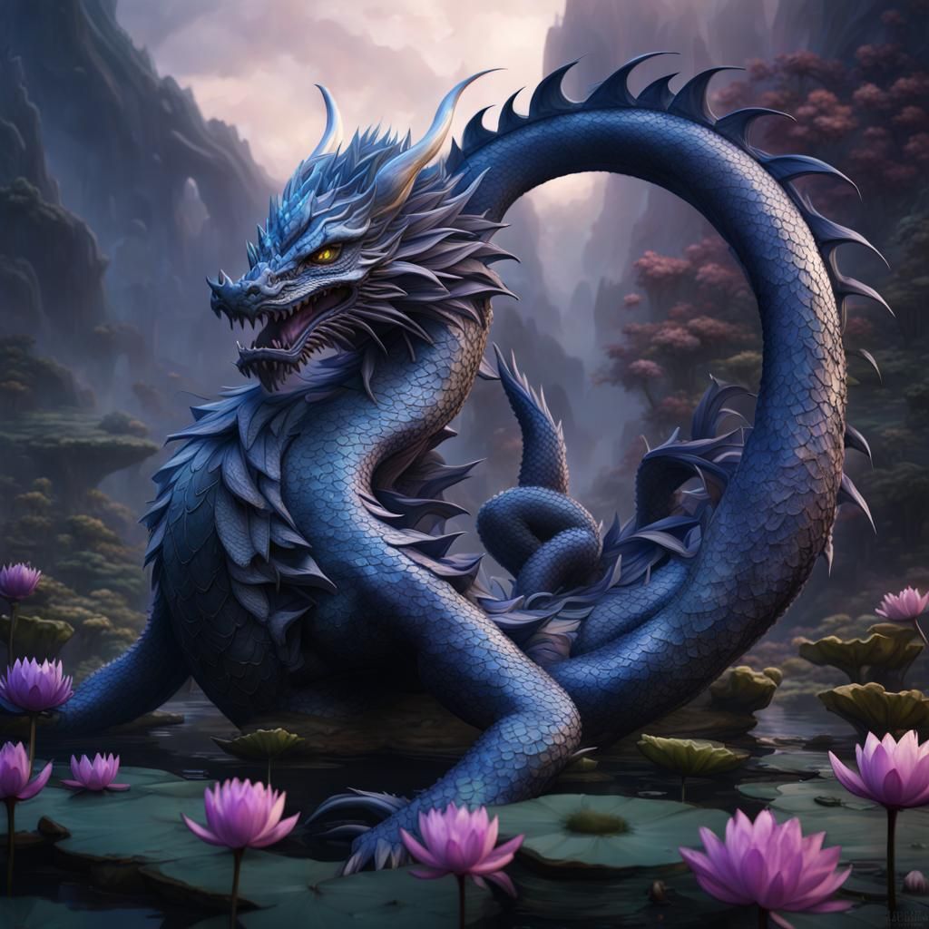 Blue lotus flower dragon kingdom with a beautiful blue, black and purple dragon protecting it. The kingdom radiates eter...