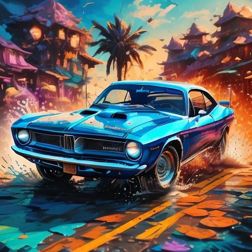 Vintage Barracuda Car in Graffiti Art Style