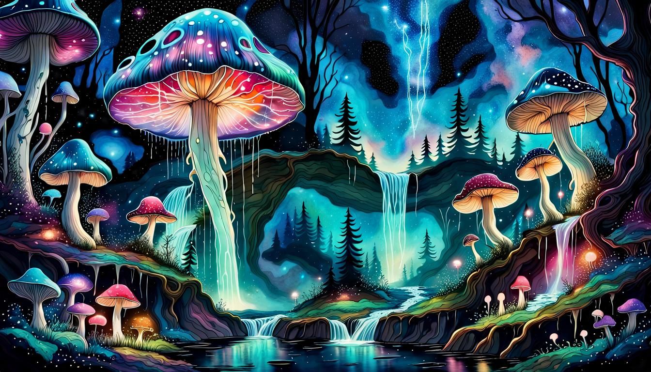 Bioluminescent Mushroom Forest Under Galaxy Sky
