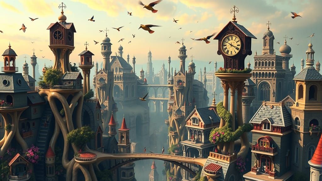 Surreal Birdhouse Cityscape with Melting Clock Towers