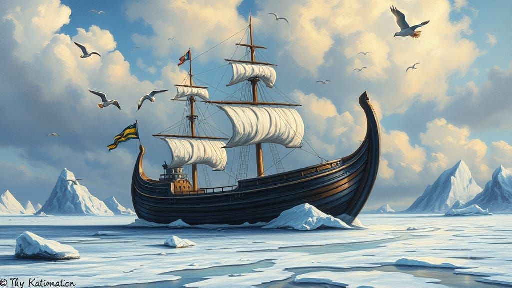Viking Ship on Frozen Tundra in Vibrant Oil Painting