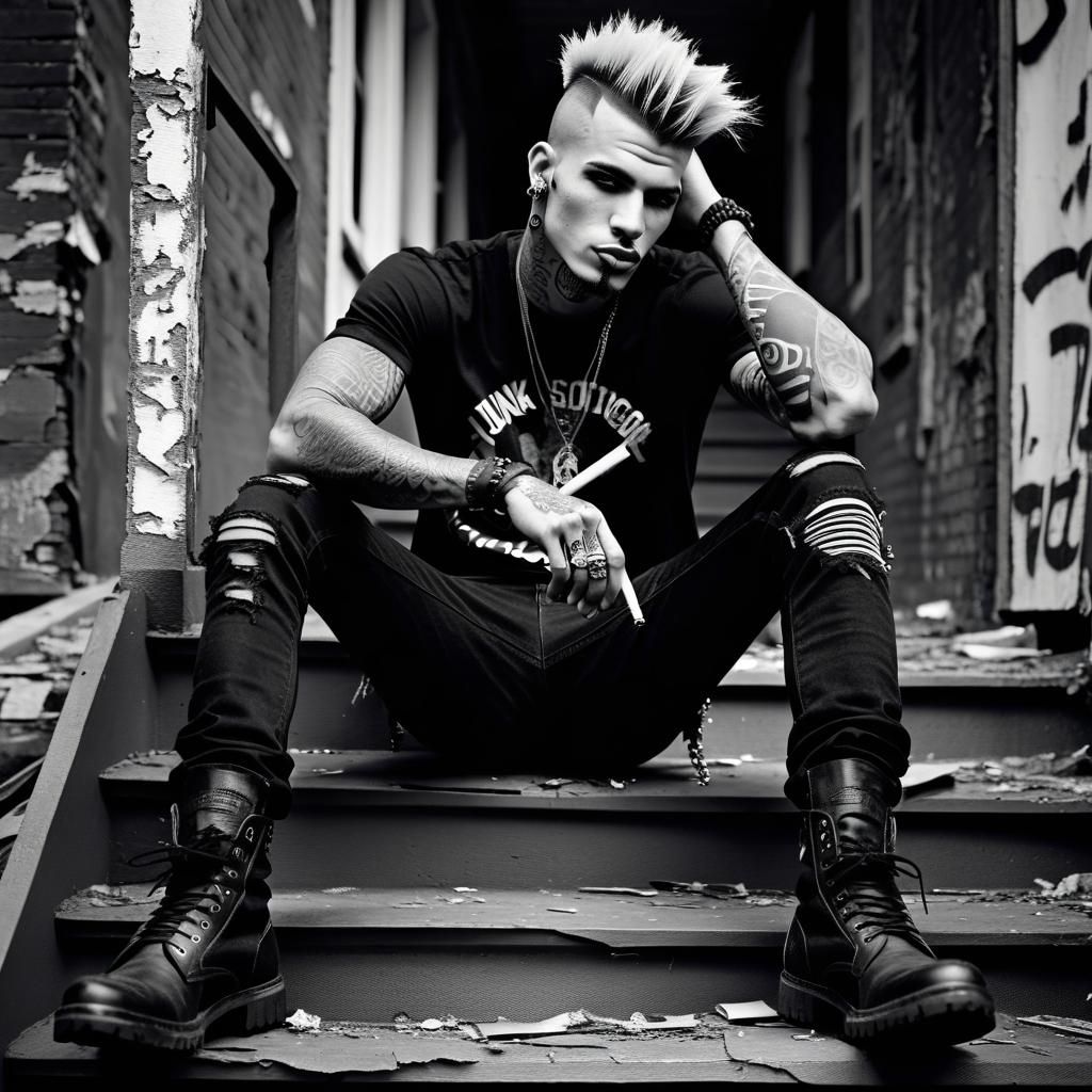 Punk Man Smoking a Cigarette in Abandoned Building