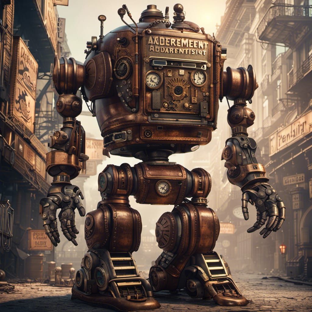 Steampunk Robot Advertisement: Detailed Matte Painting