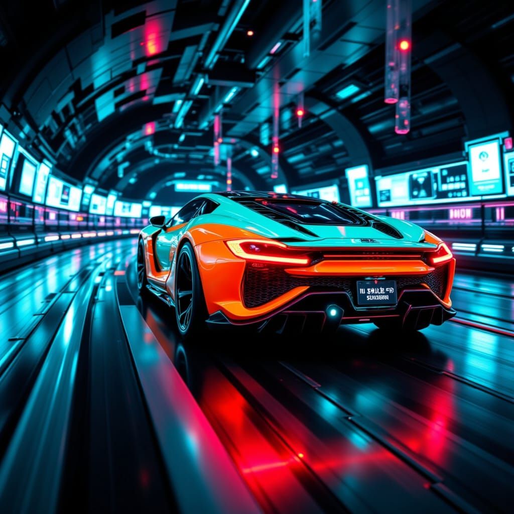 Neon-Lit Futuristic Car Speeds Through Dark Tunnel