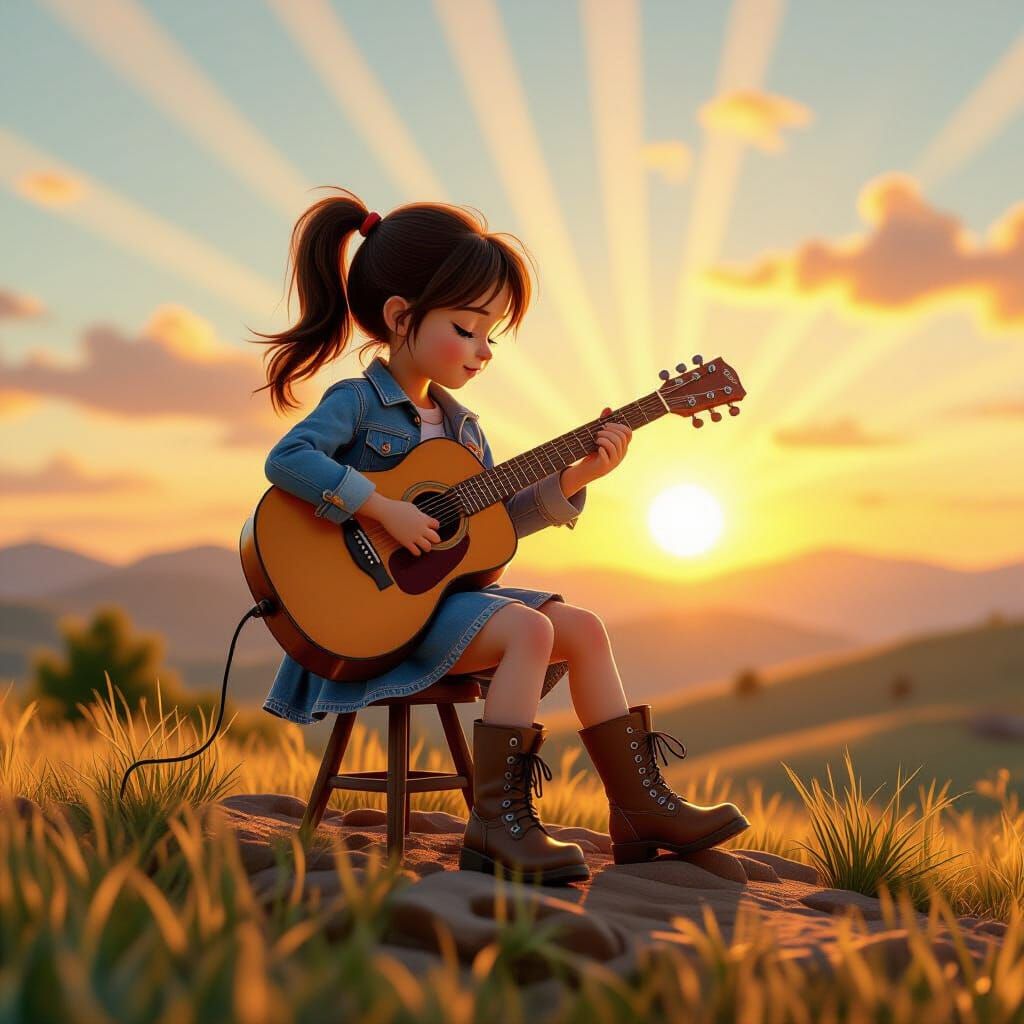 Girl Plays Guitar at Sunset in Vibrant 3D Style