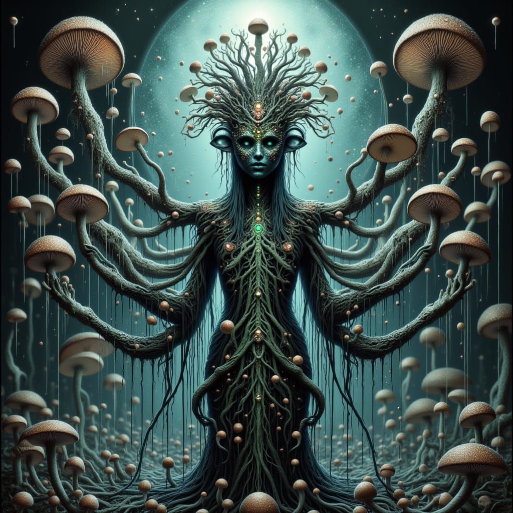 Grotesque Fungal Elven Idol in Art Nouveau Style