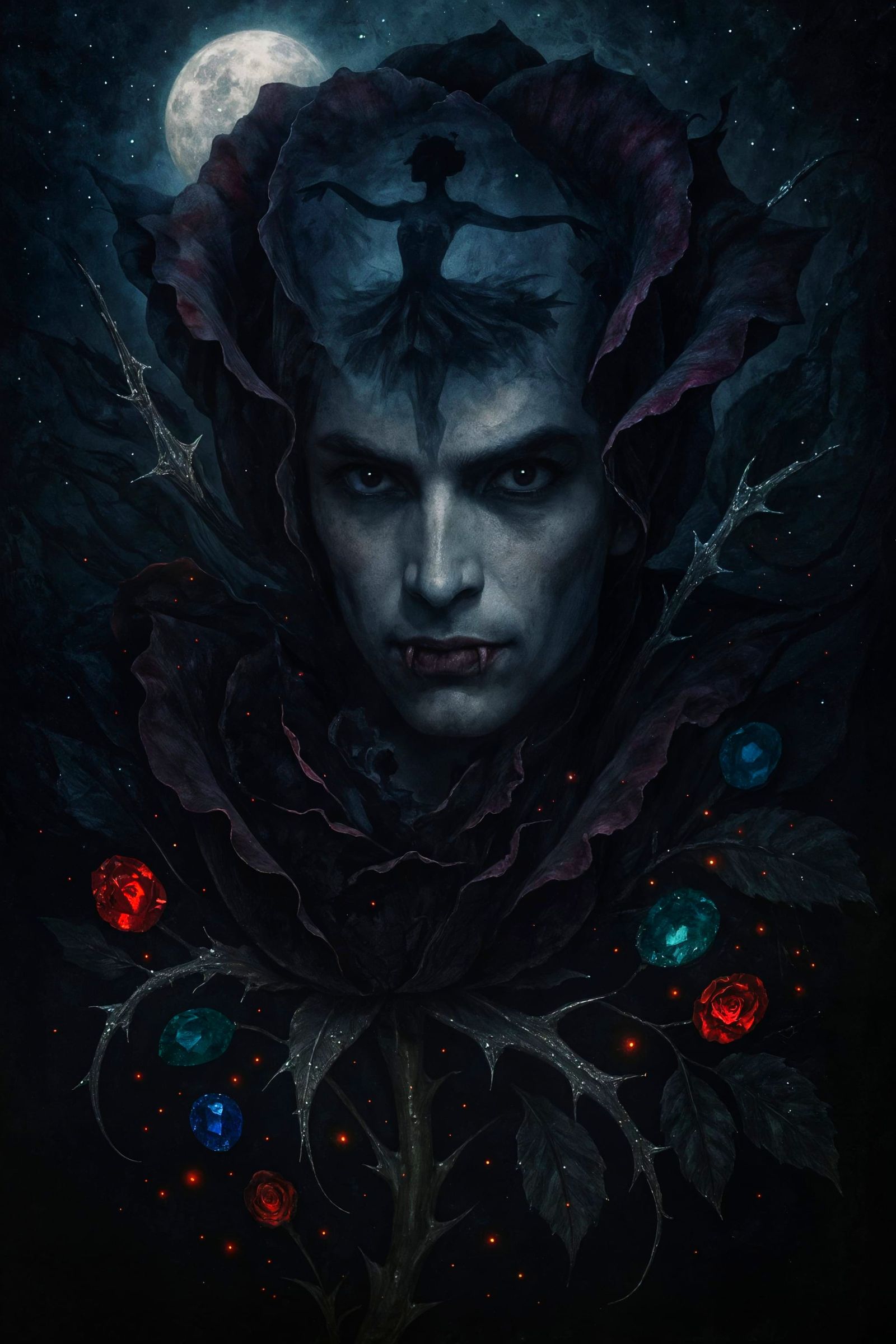 Gothic Vampire Goddess Amidst Macabre Floral Fantasy