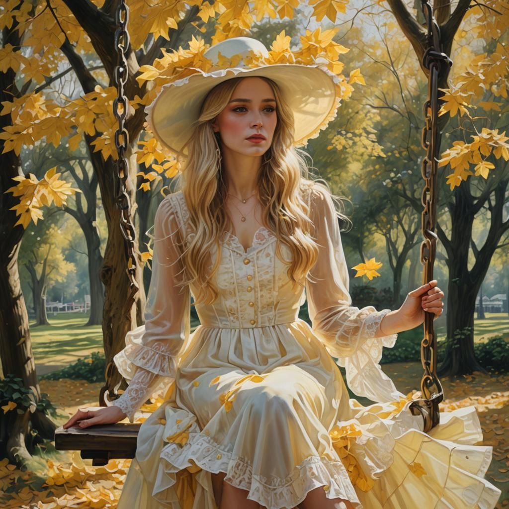 Girl on Swing in Falling Leaves: Victorian Painting