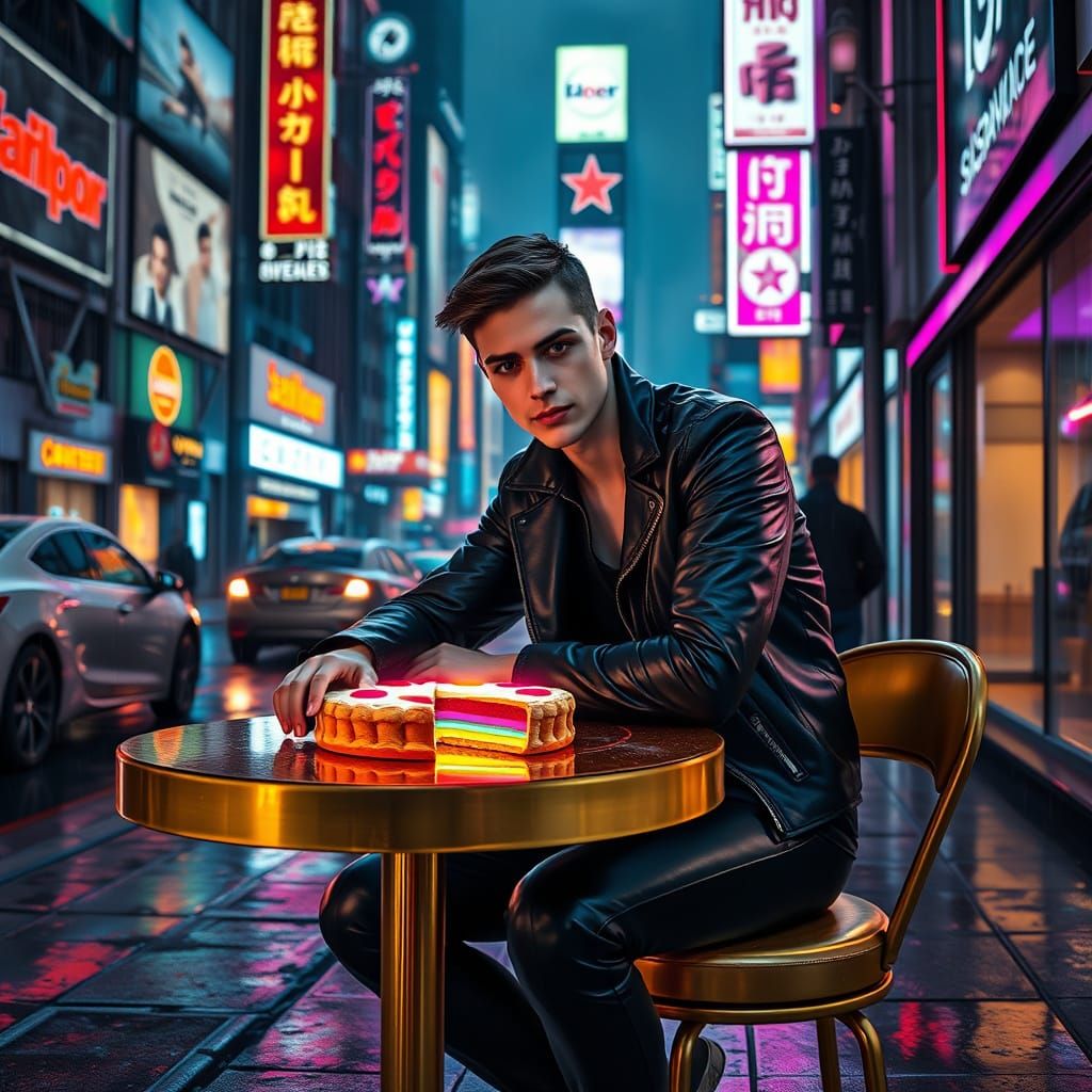Cyberpunk City Scene: Glowing Rainbow Pie & Man at Table