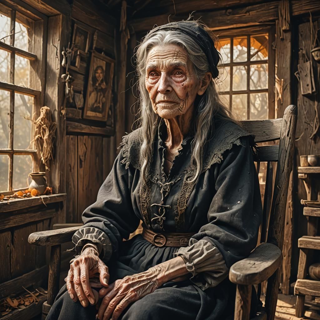 Hyperrealistic Portrait of an Old Witch in Her Home