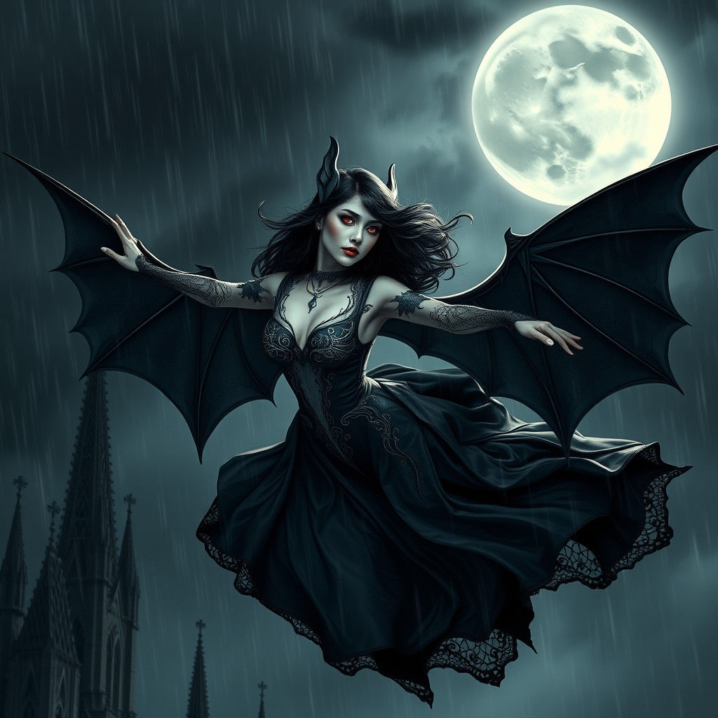 Gothic Woman in Bat Wing Flight Suit