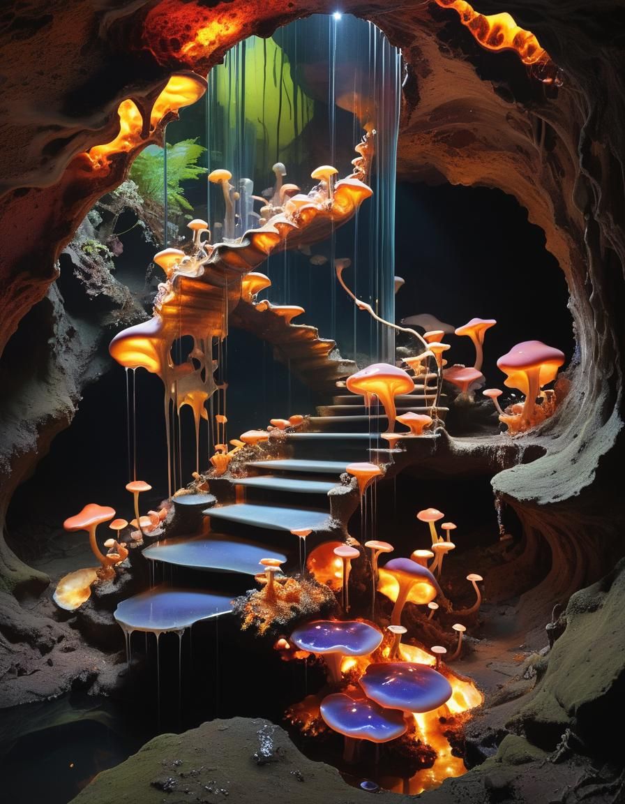 Surreal Underground Waterfall with Molten Glass