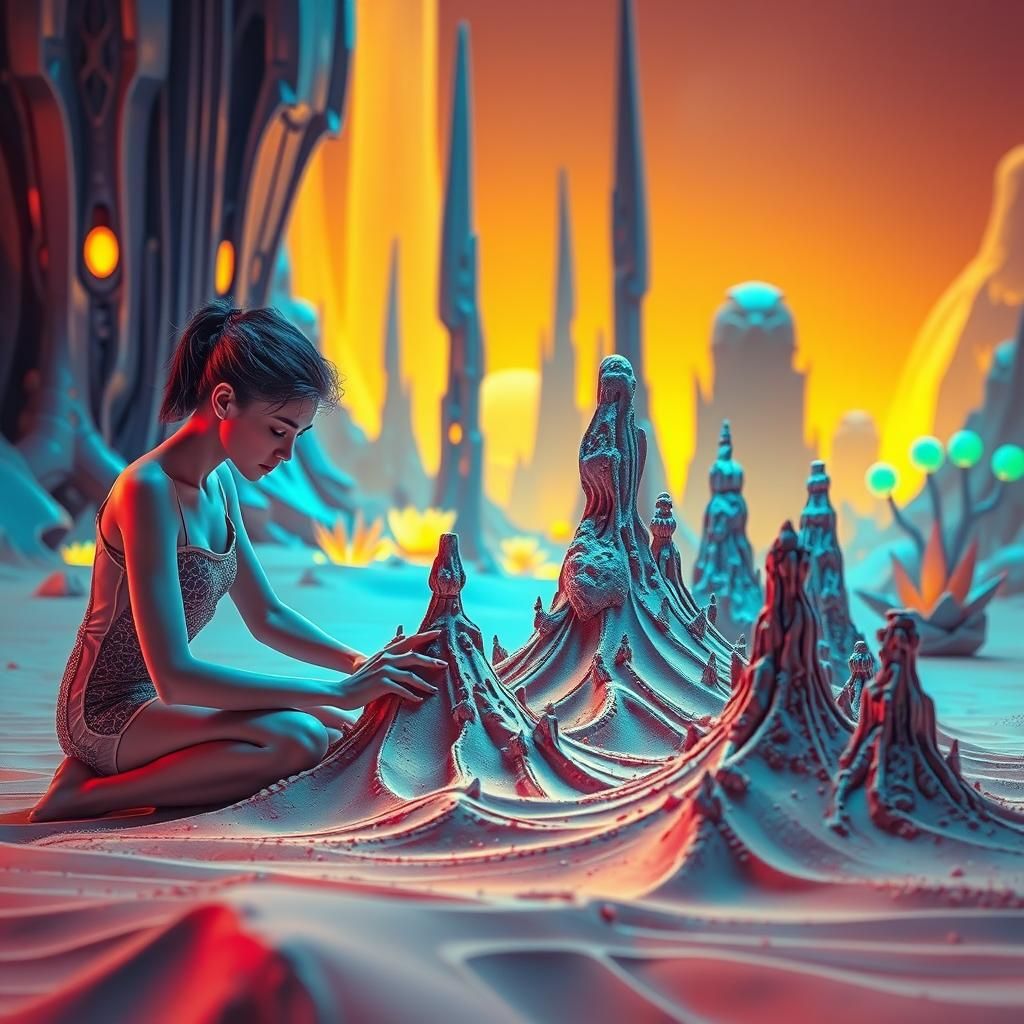 Sci-Fi Sand Sculptor in Dreamlike Triadic Colors