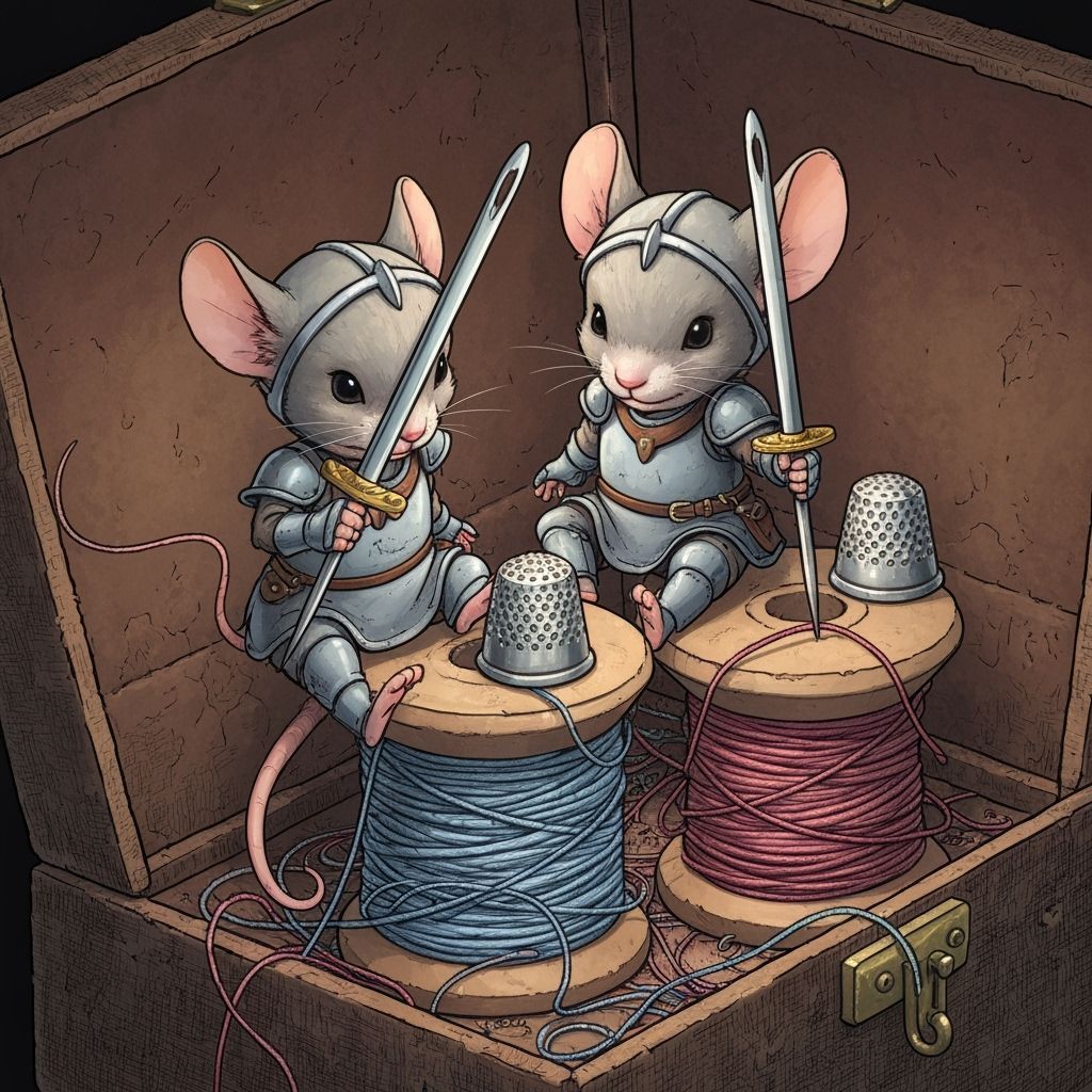 Mouse Children Play Knights in Sewing Box