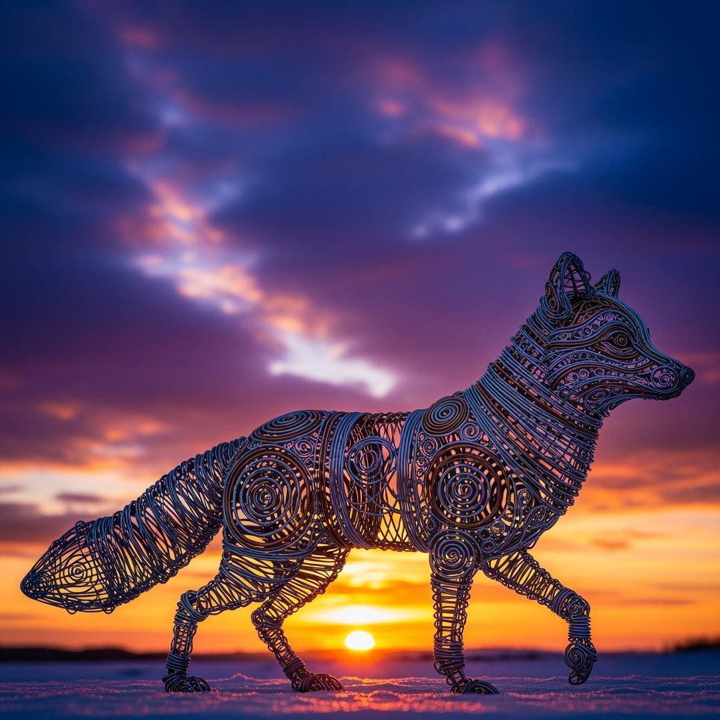 Arctic Fox Wire Sculpture Against Colorful Sunset