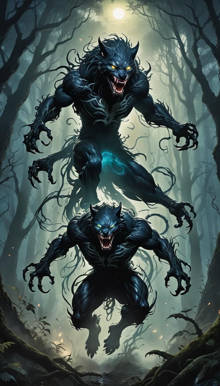 Symbiotic Wolf Jumps Through Misty Forest in Dark Fantasy