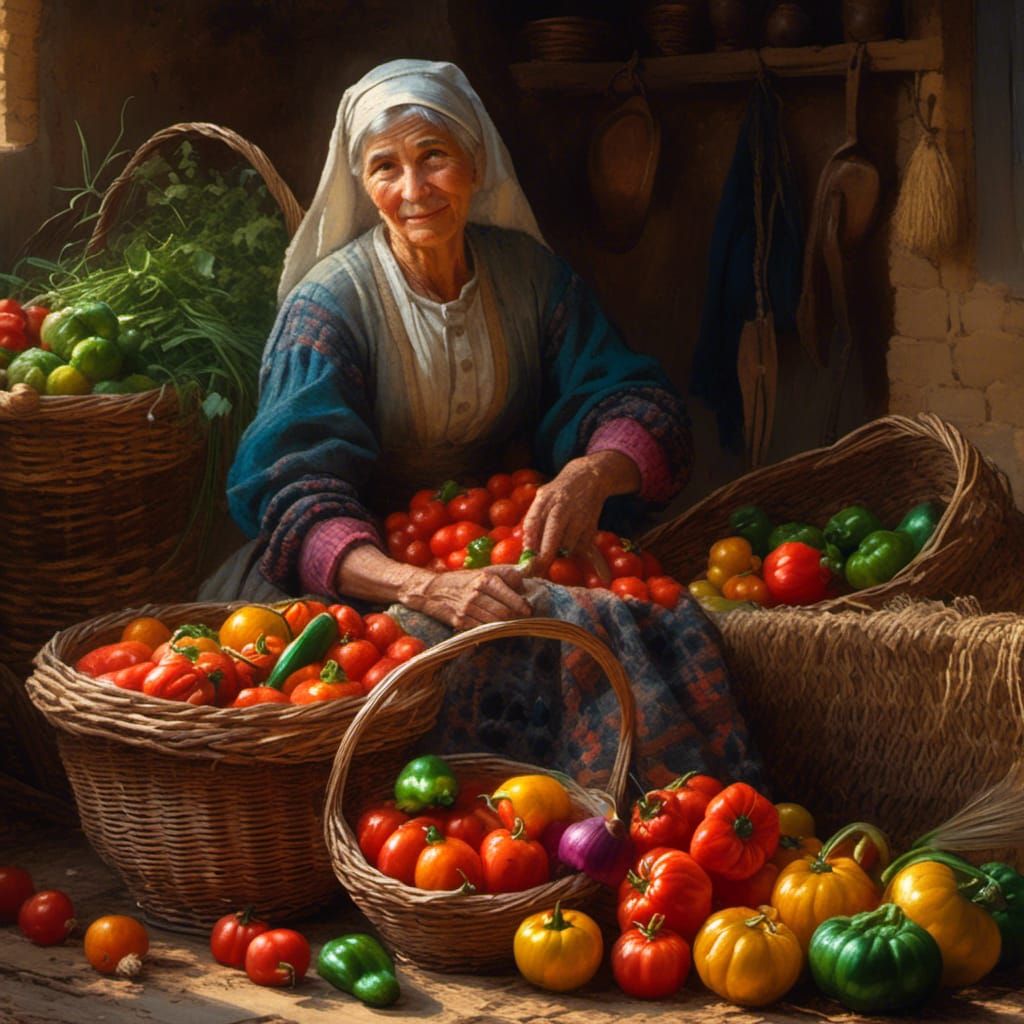 Peasant Lady with Vegetables as Impasto Oil Painting