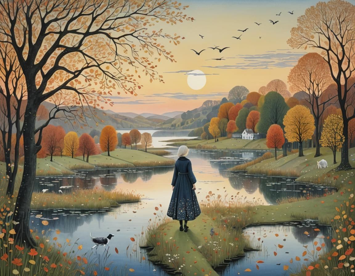 Autumn Lake Sunset Artwork in Glass Millefiori Style