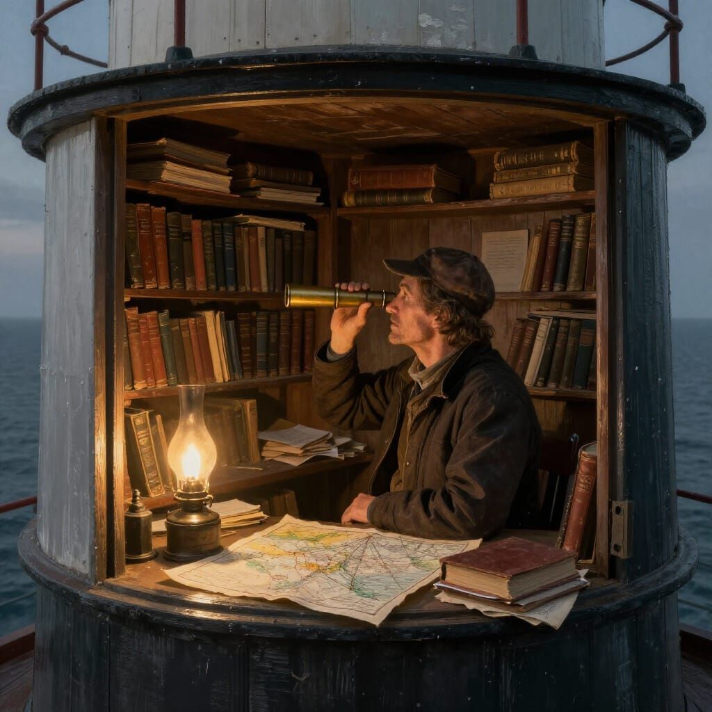 Ancient Lighthouse Keeper in Romantic Maritime Painting Styl...