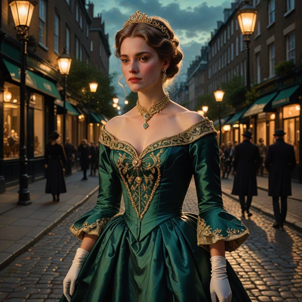 Victorian-Era Woman in Opulent Ball Gown, Gaslit London Stre...