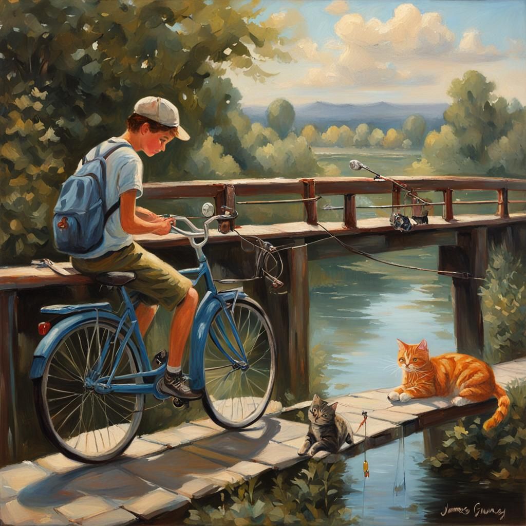 Boy Fishing with Cat, Oil Painting Style