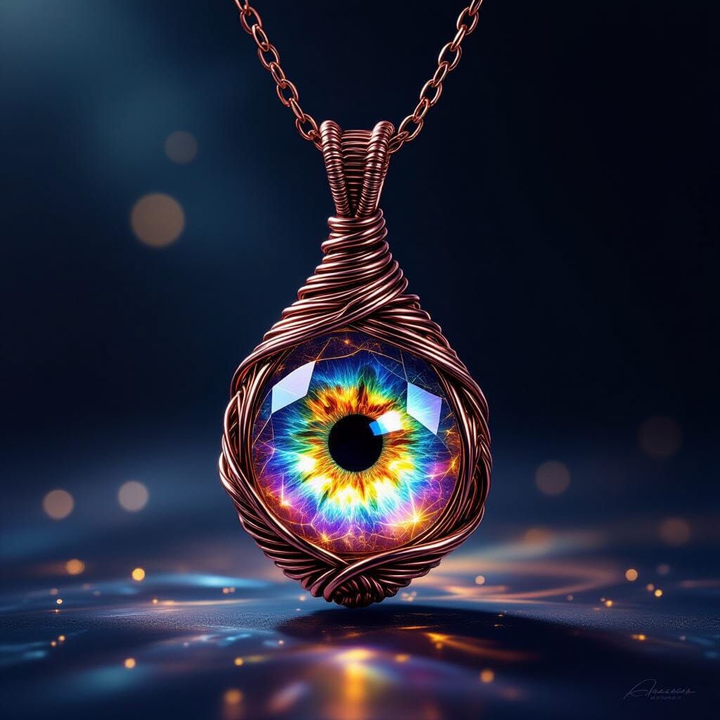 Copper Wire Wrapped Pendant With Rainbow Crystal Dragon's Ey...
