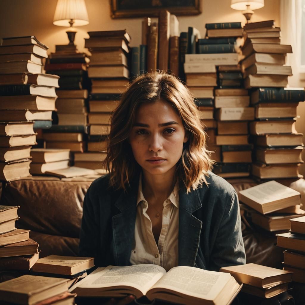 Bored Woman Surrounded by Books in Cinematic Style