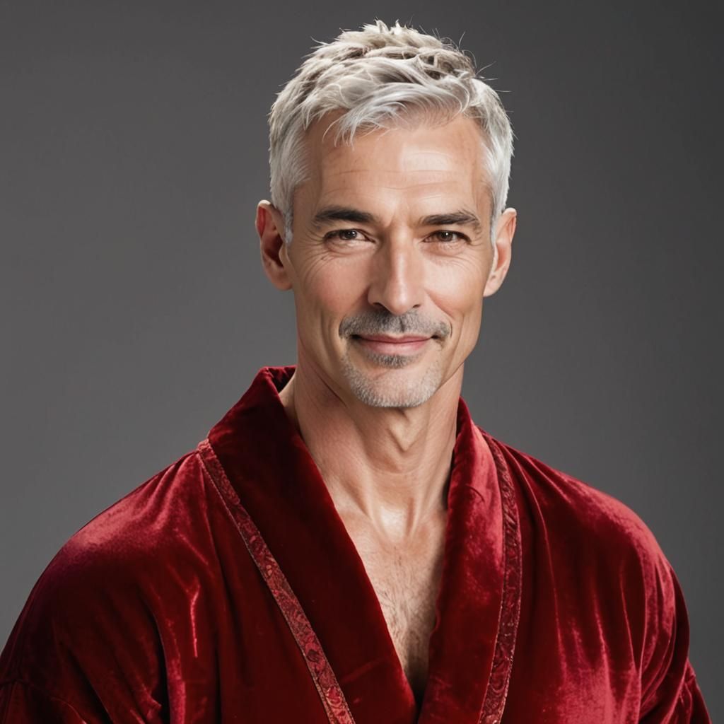 Serene Blond Man in Red Velvet Bathrobe Portrait
